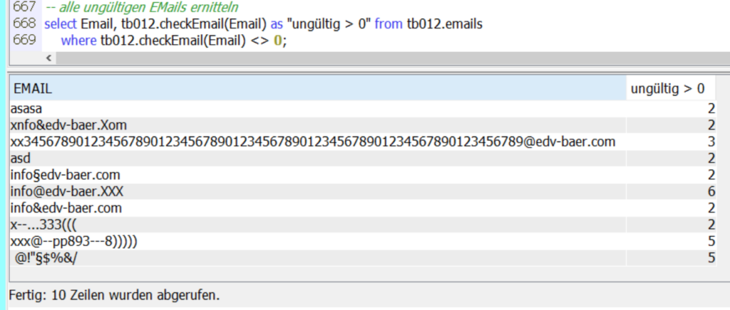 Alle ungültigen Emails